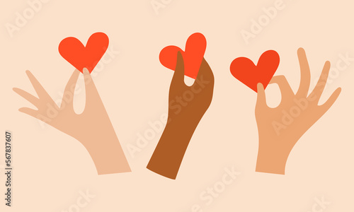 Voluntary, charity and donation flat vector illustration. Volunteers, social workers holding hearts in palms. Group of people raising hands. Unity in diversity. Social help for people in need clipart
