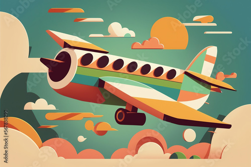 Airplane flying in the sky cartoon, Plane in the sky, Colorful Travel Print, Retro Plane, abstract, minimal, design, graphic art, clouds, childlike art, fun, playful, geometric, graphic, cute