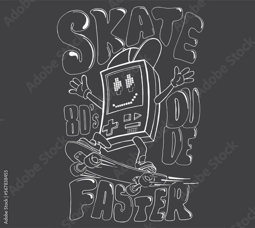 illustration of a video game character skateboarding for t shirt design