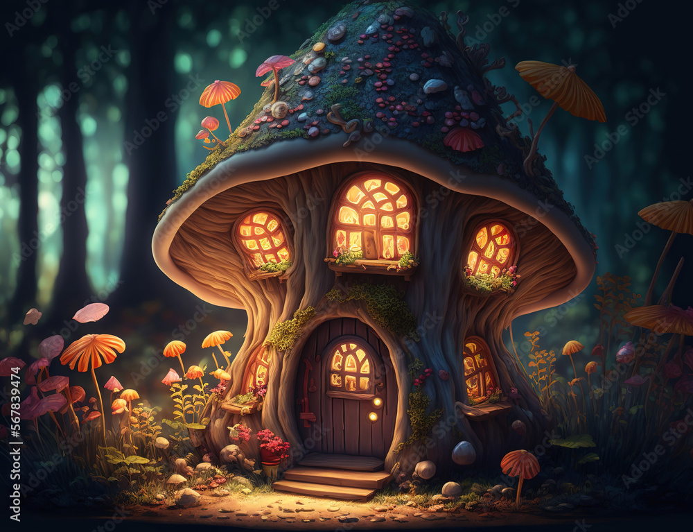 A whimsical mushroom house in the forest with door and windows, art illustration 