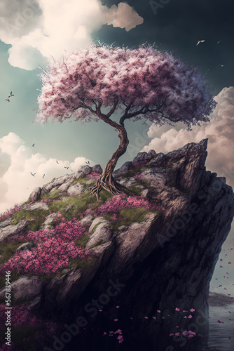 a lonely cherry blossom tree on a rocky high cliff edge with clouds below and soft colorful haze on the ground, art illustration 