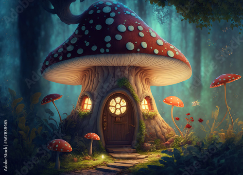 A whimsical mushroom house in the forest with door and windows, art illustration 