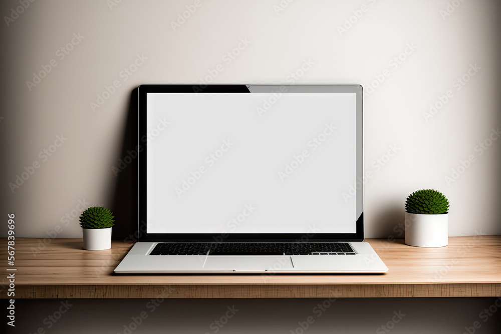 Fototapeta premium a laptop pc with a wooden table and a blank copy space screen. Modern interior design template with a minimal look and mockup copy space. Generative AI