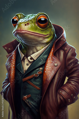 Anthropomorphic stylish Frog wearing a human leather coat fashion design, art illustration  © vvalentine