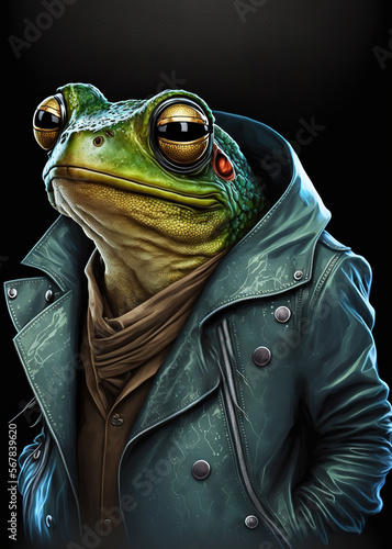 Anthropomorphic stylish Frog wearing a human leather coat fashion design, art illustration 