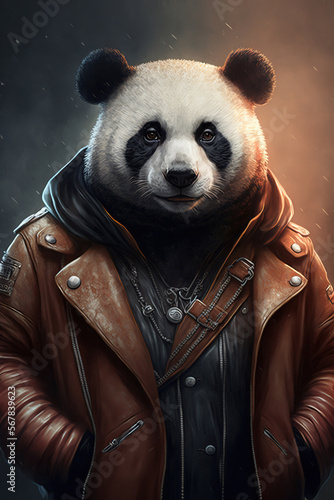 Anthropomorphic stylish Panda wearing a human leather coat fashion design, art illustration 