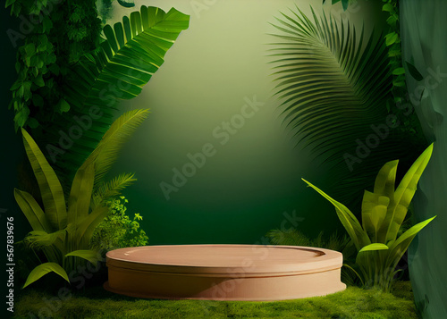 Natural podium in tropical forest with flowers. AI Generated