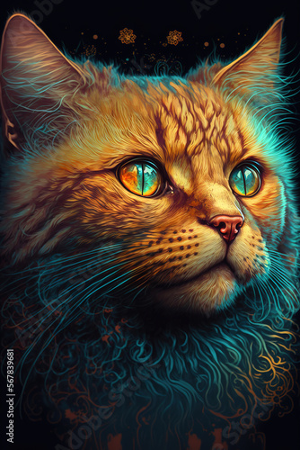 Cat close up painting, psychedelic art, illustration 