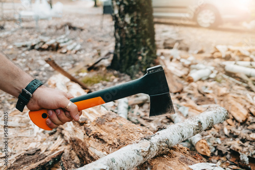 Male hand with small ax. Cutting birch wood in camping for bonfire