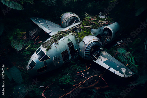 A downed plane in the jungle with a drone view. Generative AI.2