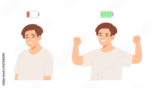 Young man with low and full of battery gestures isolated on white background. Concept of lifestyle, battery of life, energy, health, daily life, emotion. Flat vector illustration cartoon character.