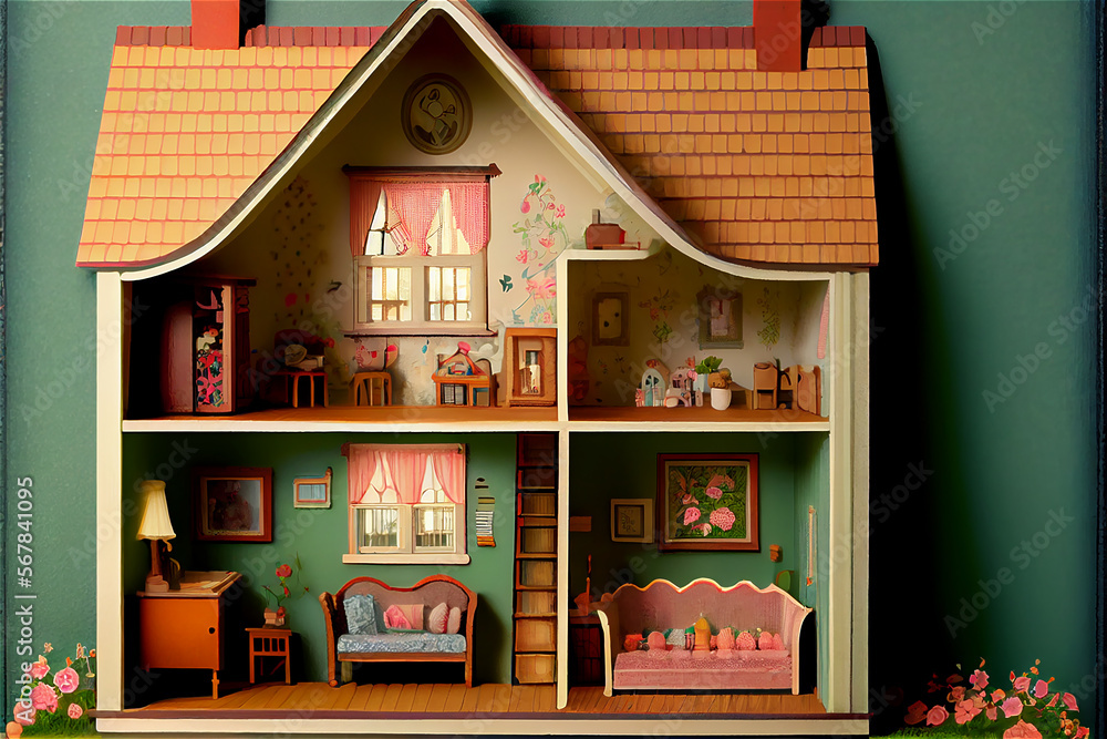Traditional vintage doll house, ideal for kids backgrounds, generative AI