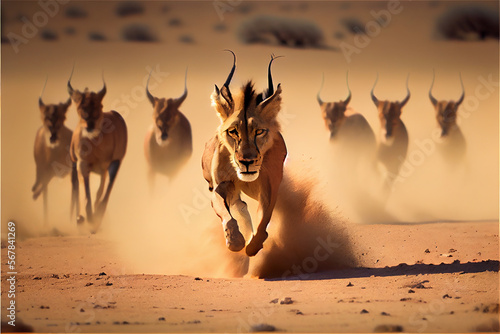 Half prey half predator animal pack, a mix between lions and gazelles, generative AI