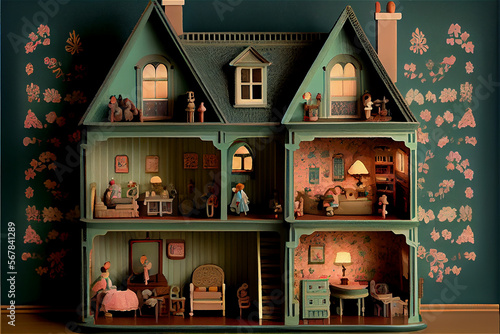 Traditional vintage doll house, ideal for kids backgrounds, generative AI