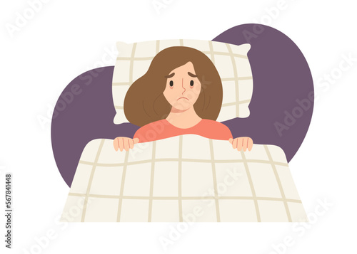 Young woman stay wake up at night isolated on white background. Concept of insomnia, sleepless, anxiety, mental health issue. Flat vector illustration cartoon character.