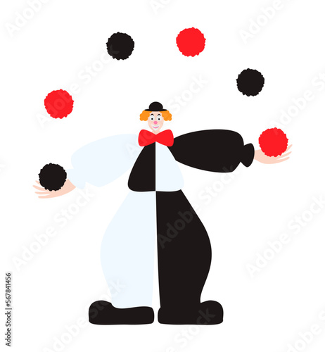 Clown juggler. Circus artist illustration Front view Design element Isolated on white background Vector illustration