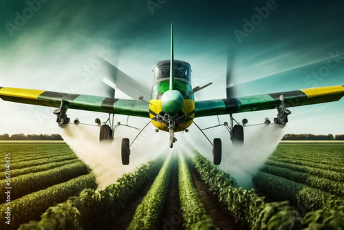 Green crop duster airplane aerially applies pesticide spraying on field. Crop Dusting. Agricultural aircraft crop dusting a farmers field. generative AI


 photo