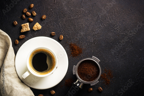 Coffee cup. espresso in white cup at dark table.