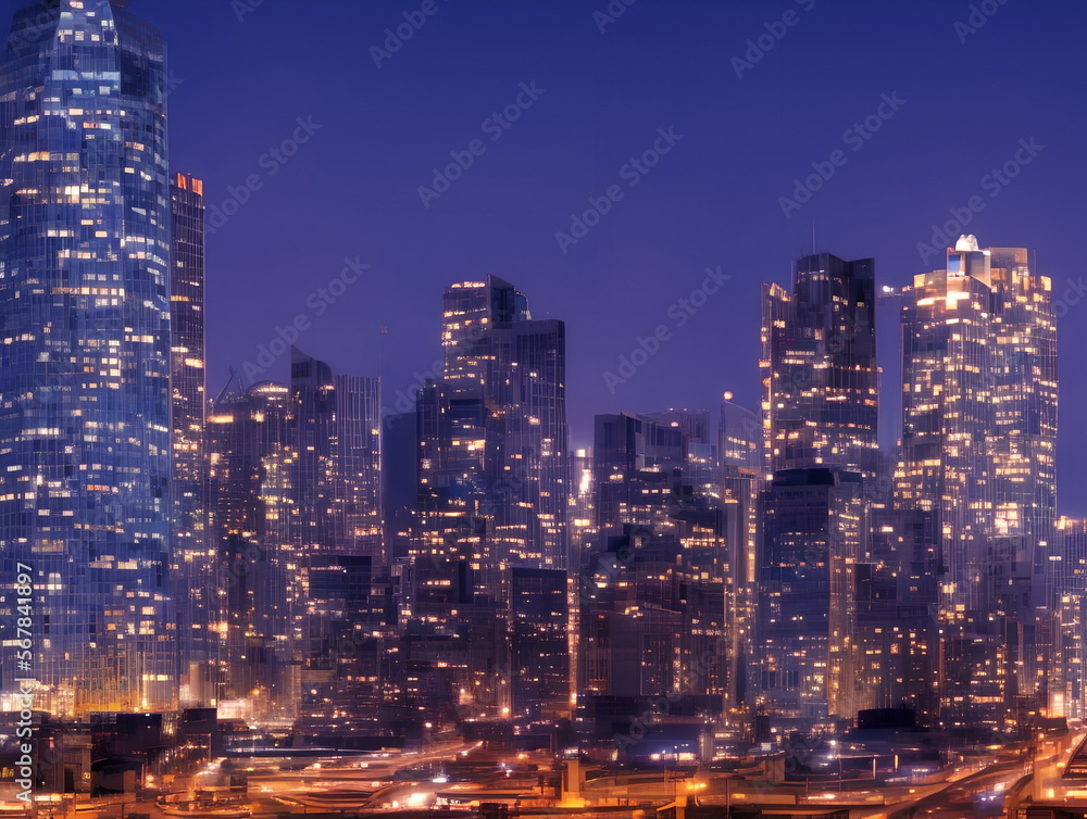 Obraz premium Illustration of modern American city with skyscrapers, Generative AI