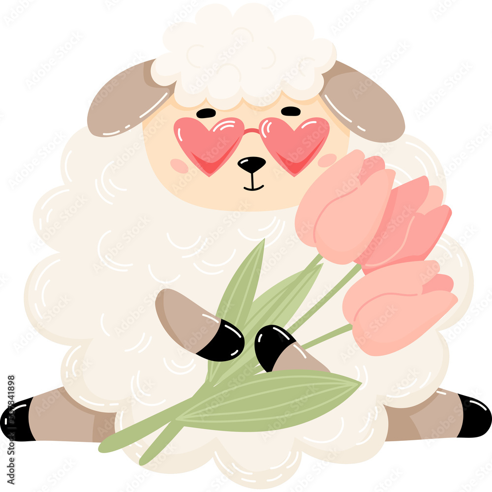 Fototapeta premium Sheep in love with bouquet of tulips