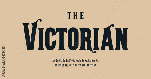 Victorian style alphabet, fancy serif letters, antique font for old fashioned logo, headline, monogram, vintage typography. Vector typographic design photo