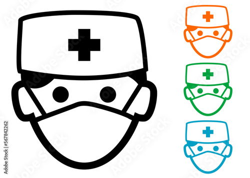 Logo asistencia sanitaria en hospital médico o clínica. Icono avatar enfermero o doctor. Silueta aislada de cabeza de hombre con cruz, máscara y sombrero quirúrgico