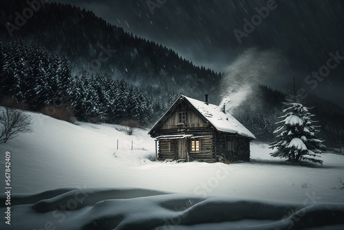 Hütte in der Bergen bei einem dramatischen Schneesturm, moody photo