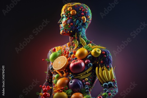  nutritionist, human body formed by fruits and vegetables, body health, healthy head food, vegan, vegetarian, generative by AI