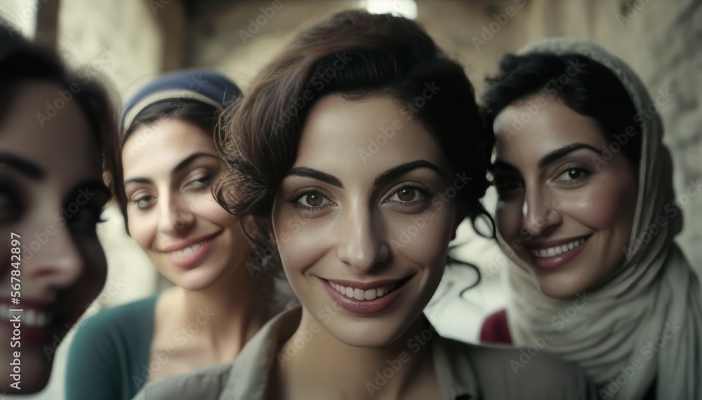 Obraz premium group of beautiful attractive middle eastern young women looking at the camera. Generative AI 