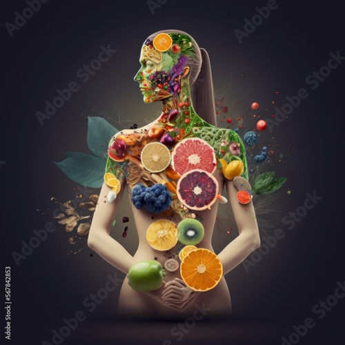  nutritionist, human body formed by fruits and vegetables, body health, healthy head food, vegan, vegetarian, generative by AI