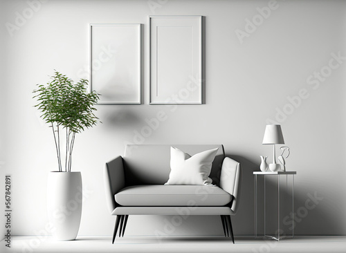 Contemporary gray white interior with furniture and decor. , illustration mockup. Generative AI © AkuAku