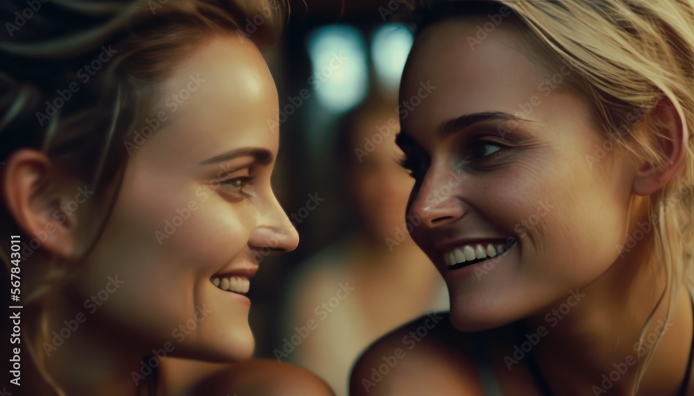 Smiling lesbian women flirting . Generative AI
Smiling lesbian women flirting . Generative AI