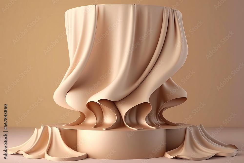 Obraz premium display with podium, beige background with pedestal and flying silk cloth curtain. Nature wind. Beauty, cosmetic product presentation stand.