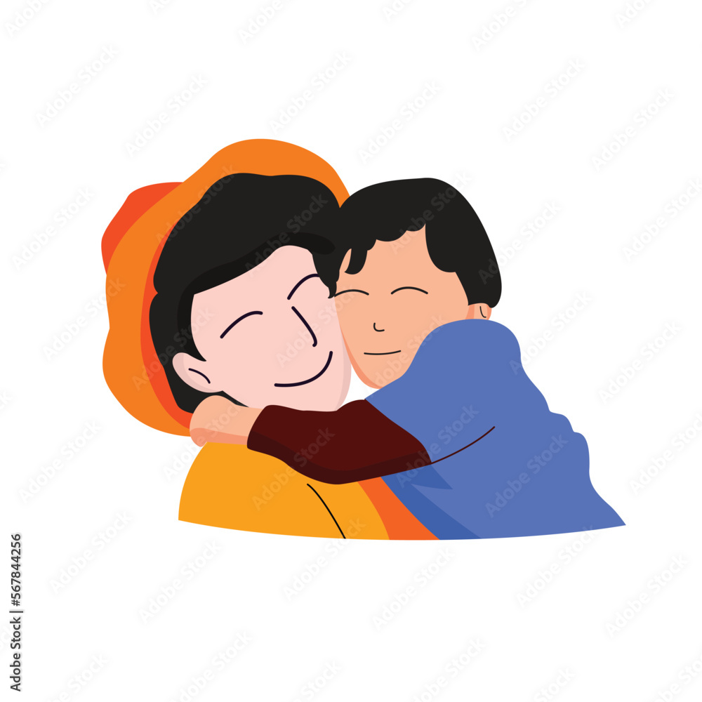 A hat wearing mother hugging and cuddling her son A hat wearing mother hugging and cuddling her son