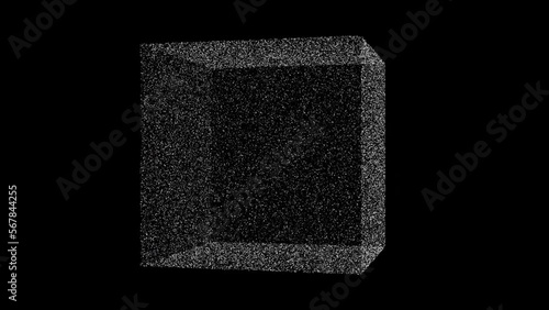3D white cube object rotates on black backdrop. Object consisting of flickering particles 60 FPS. Science tutorial concept. Abstract backdrop for logo, title, presentation. 3D animation