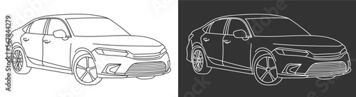 Black outline art illustration of modern sports car isolated on black and white