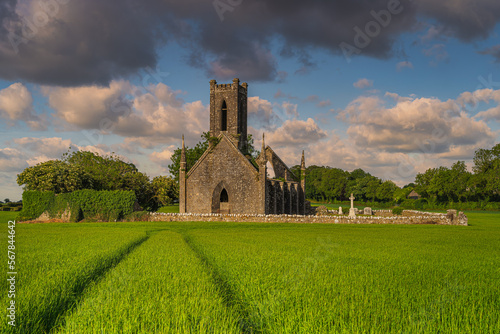 Tracks in cereal leading to old stone ruins and commentary of Ballinafagh Church with dramatic sky at sunset in background, County Kildare, Ireland photo