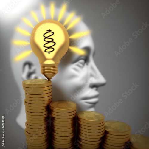 Light bulb on the figure of a head, for the concept of saving energy. Generative AI. photo