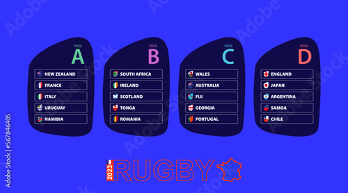 Rugby 2023 participants nations organized by group, rugby tournament flags set.
