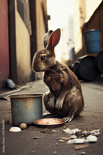 Stray sad and hungry bunny rabbit on city street, abandoned homeless pet, generative AI