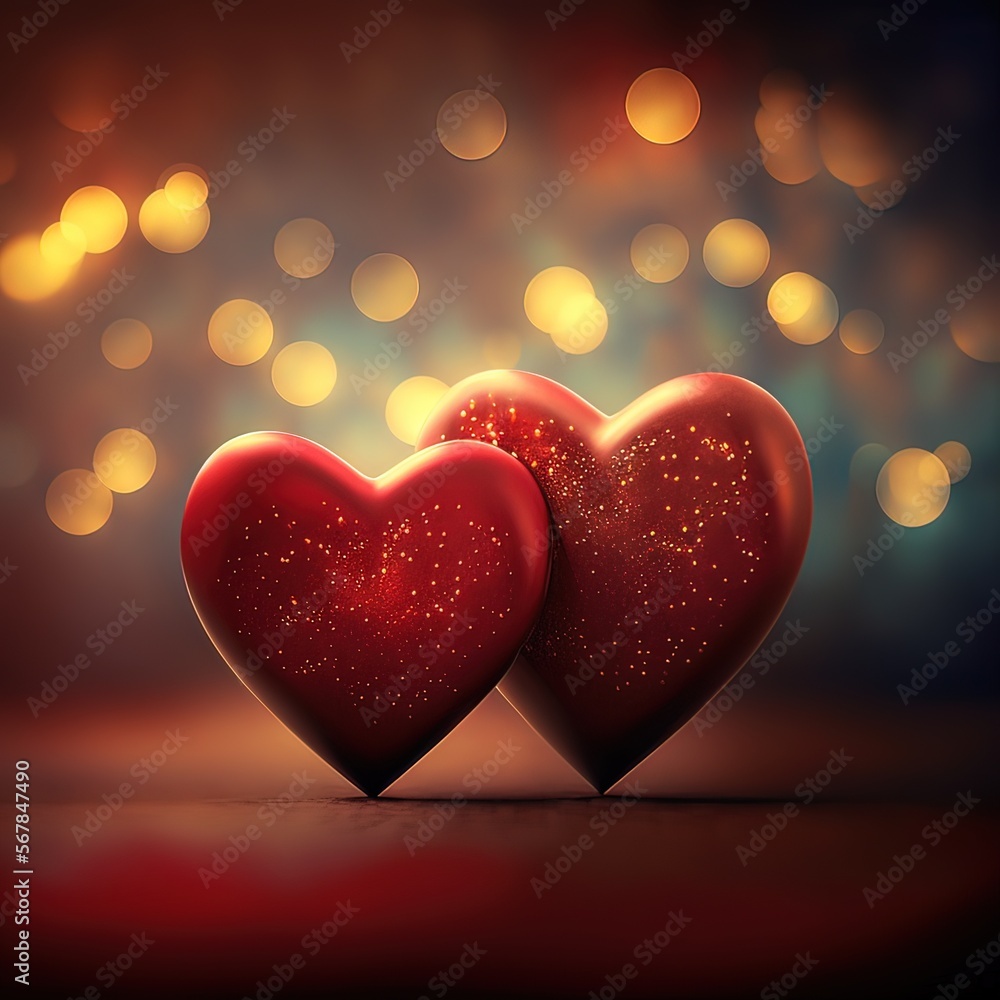saint valentine day greeting card with two red hearts against festive bokeh background, generative ai