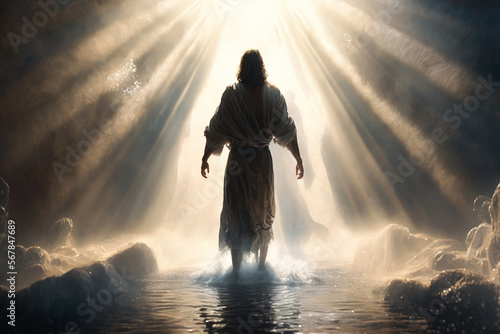 jesus walking on water, walk on water, Jesus Christ walking on the sea of Galilee with beams of light, generative ai photo