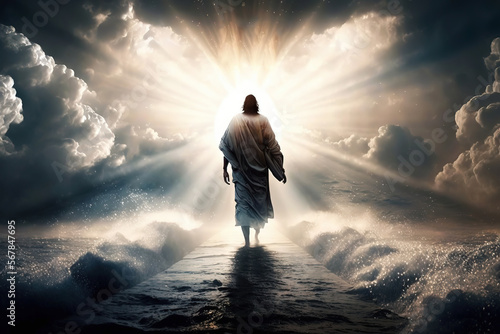 Walk on Water, Jesus Christ walking on the sea of Galilee with beams of light, easter, generative ai photo