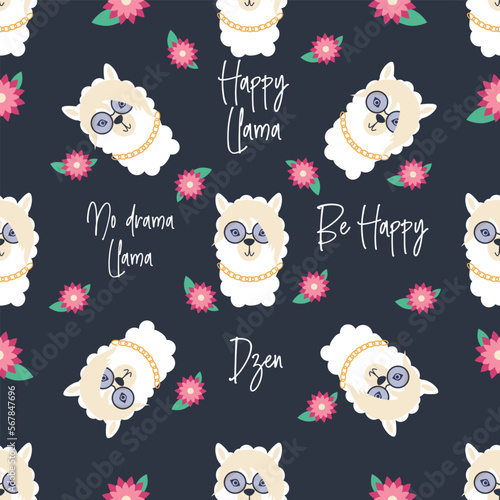 Seamless pattern with llama, alpaca faces. Cute drawings of llama head with hearts, inscription, mountains, cacti, star, dreamcatcher