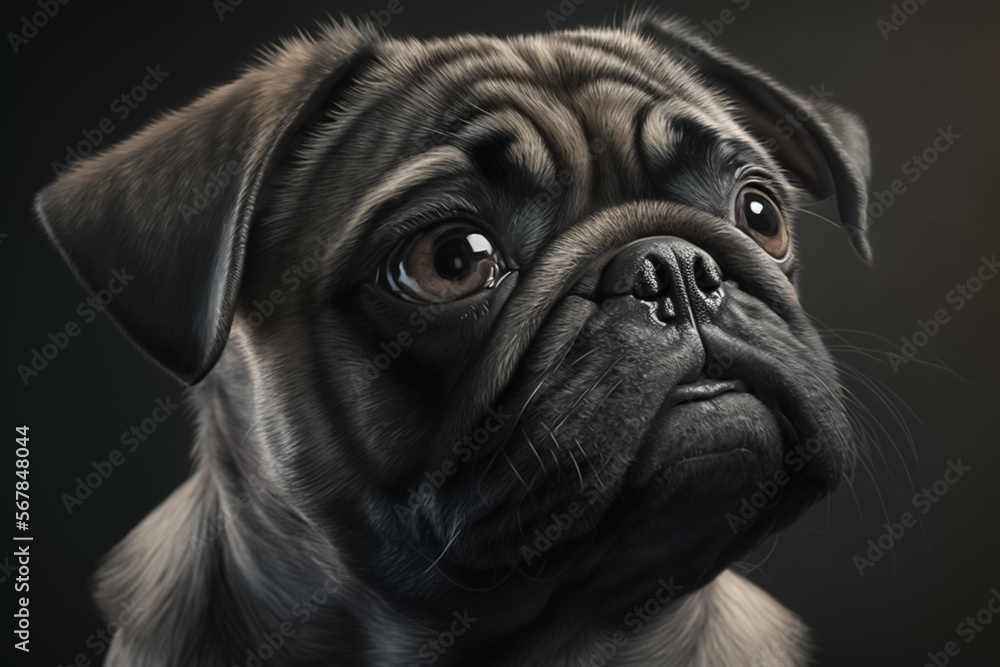 Portrait photo of a Pug dog. Pug closeup view. Confident purposeful Pug Dog looking right. A beautiful dog photo for advertises. generative AI
