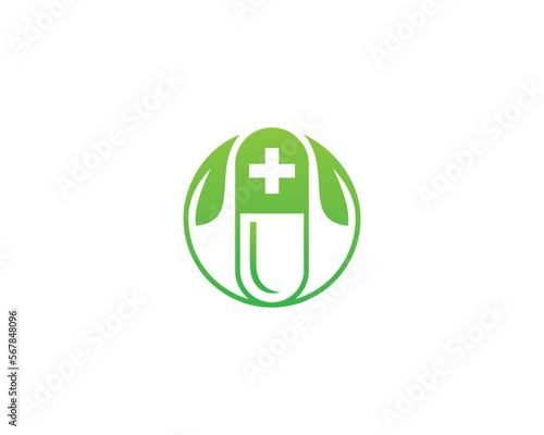 Herbal Nature Medical Plus Capsule Stethoscope Logo Design Health Care And Pharmacy Vector Illustration.