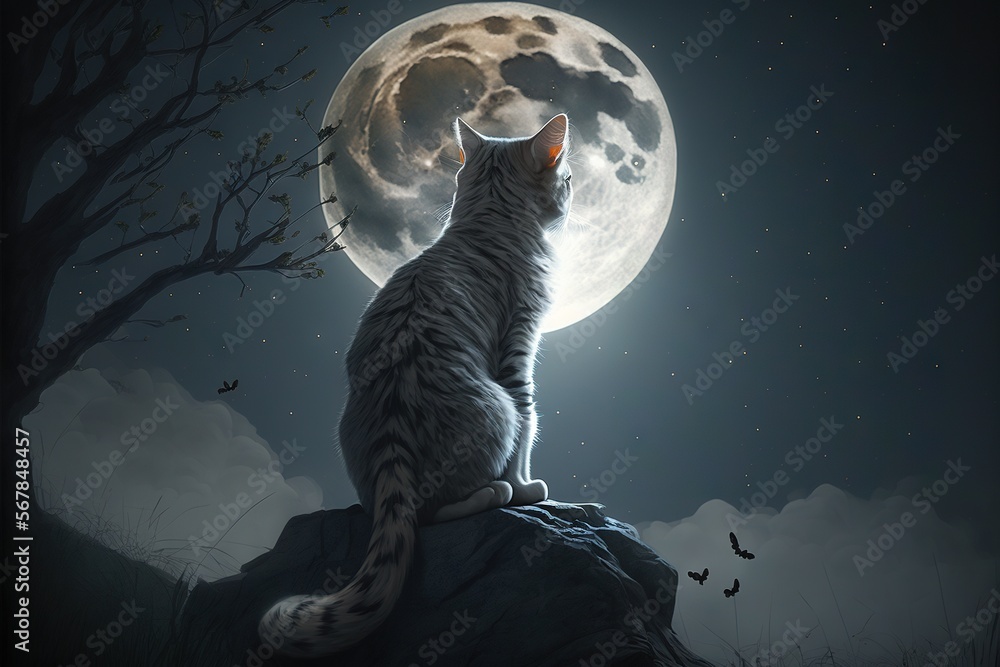 a cat sitting on top of a rock looking at a full moon in the night sky ...