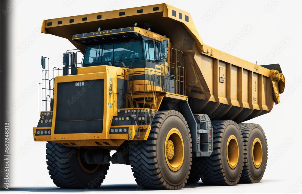 large dump truck for quarries. At the job site is a large yellow mining truck. Coal being loaded into a truck body. manufacture of valuable minerals. Using a mining truck and other equipment, open pit