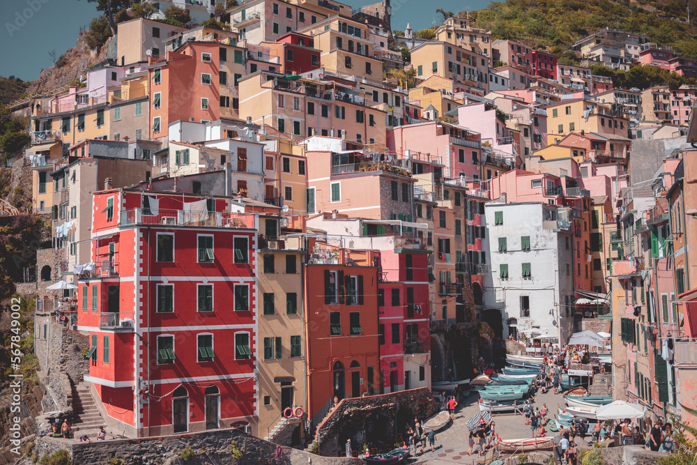 View on the colorful houses and the sea along the coastline of Cinque Terre area in Riomaggiore