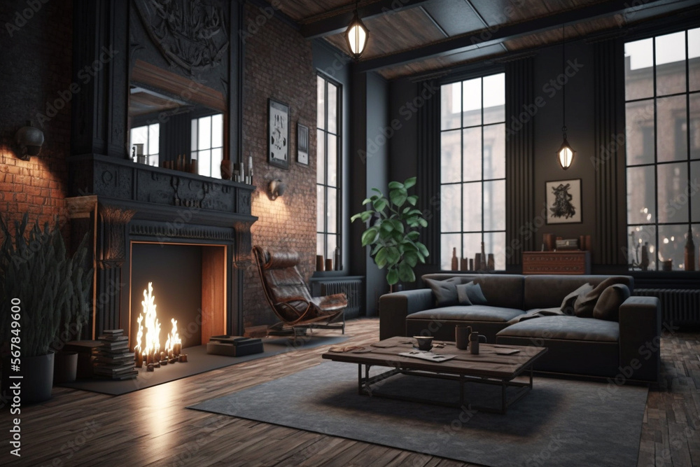 Dark living room loft with fireplace, industrial style. AI